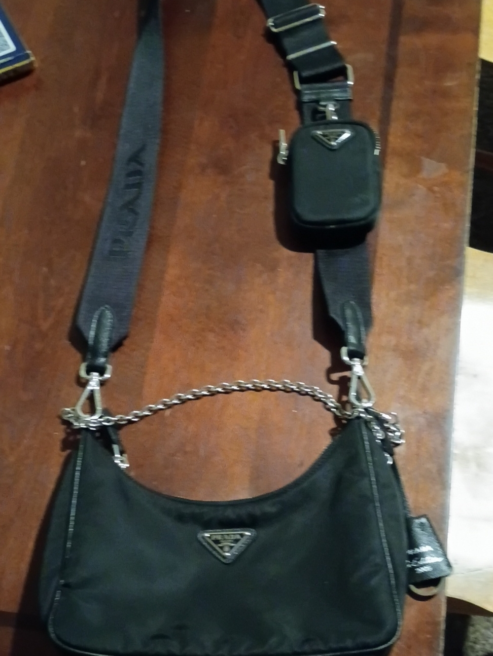 Prada Black Nylon Shoulder Bag with Chain Handle and Wide Logo Strap